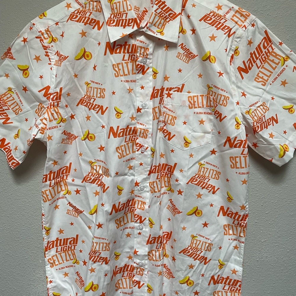 Men's Casual Button Down Natural Light Seltzers Shirt - White and Orange